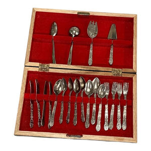 Vintage Miniature Silver Tone Flatware Cutlery Set In Wood Box 24 Piece Decor